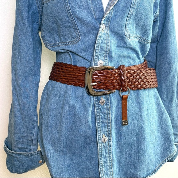 MICHAEL KORS Wide Braided Woven Genuine Leather Belt Boho Neutral Southwestern - Picture 1 of 16